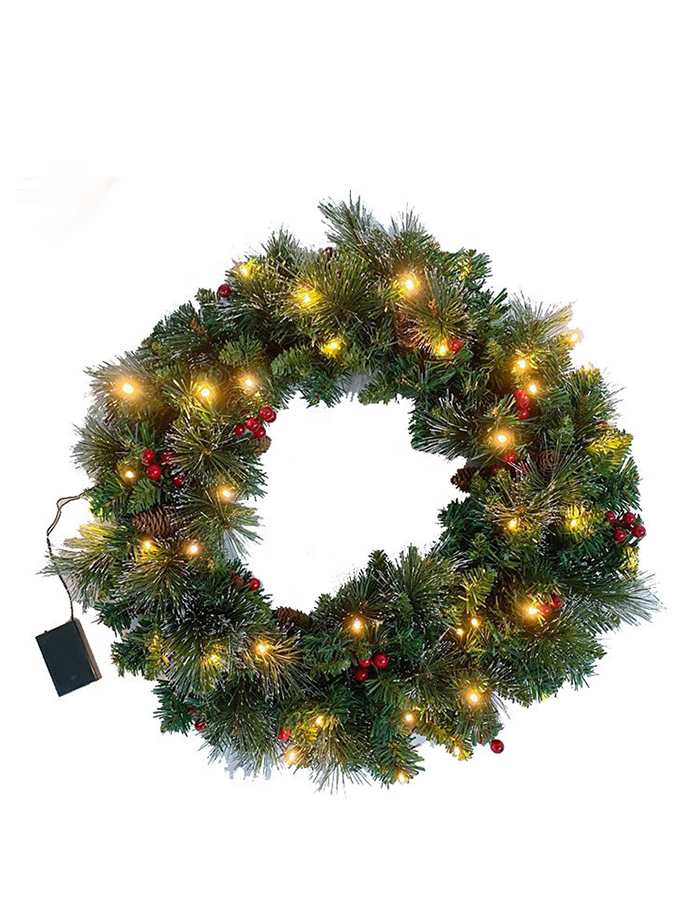 Hot sale 50cm Pine needle&PVC mixed decorated christmas wreath with lights