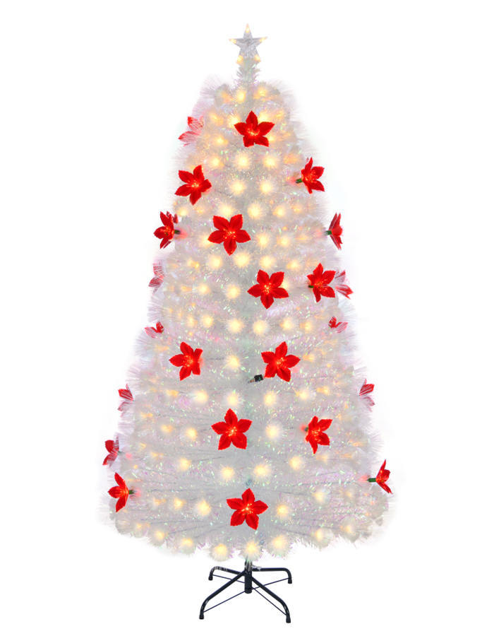 Union Tree Artificial White PVC Christmas Tree PreLit Fiber Optic Tree with Red Poinsettias &Top Star, Party Holiday Xmas Tree with Foladable Stand