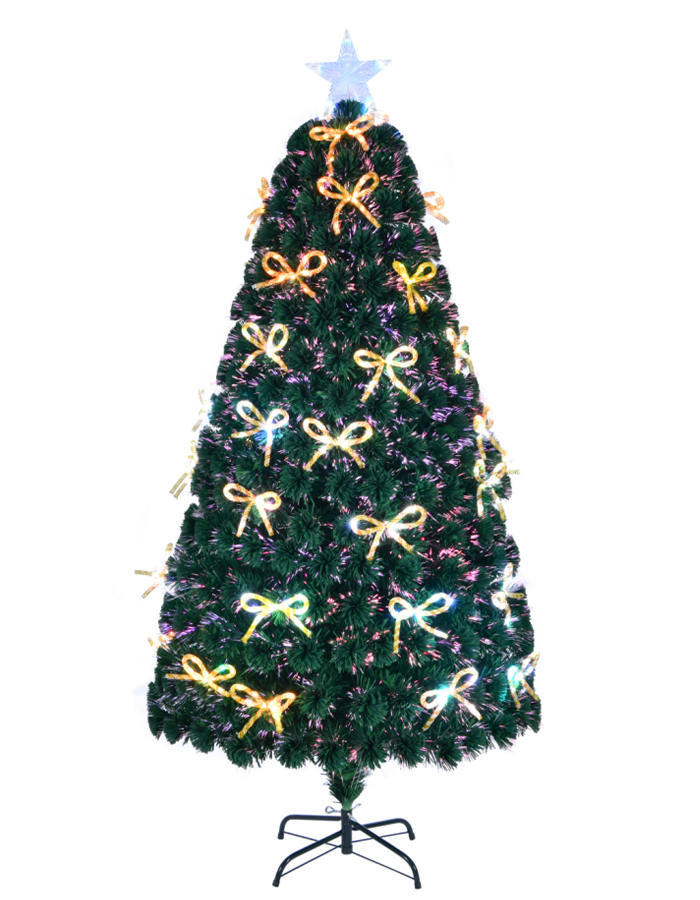 Union Tree Green Artificial PVC Christmas Tree PreLit Fiber Optic Tree with Yellow Copper Wire Bowknots & Top Star and Metal Stand, Xmas Tree for Holiday Decor