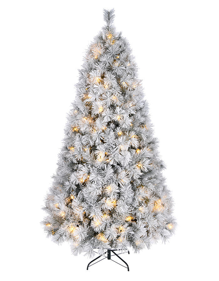 Union Tree Pre-lit Snow Flocked Artificial Christmas Tree with Incandescent Warm White LED Lights, Snow Flocked Full Prelighted Xmas Tree, Hinged Solid Metal Legs Christmas Trees Holiday Decoration