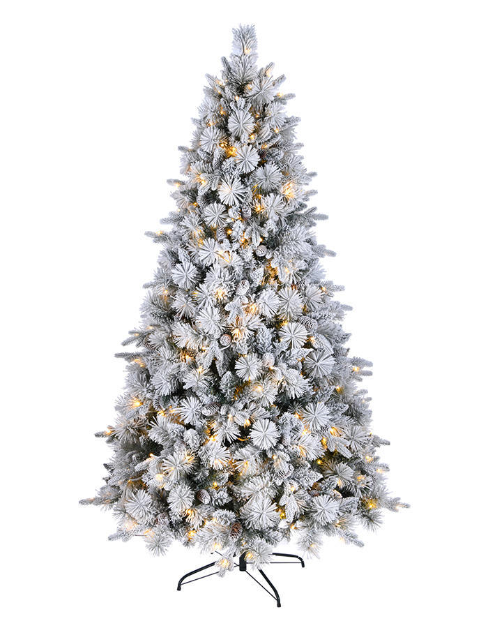 Union Tree Pre-lit Snow Flocked Artificial Christmas Tree with pine cones & Incandescent Warm White LED Lights, Snow Flocked Full Prelighted Xmas Tree with Metal Stand