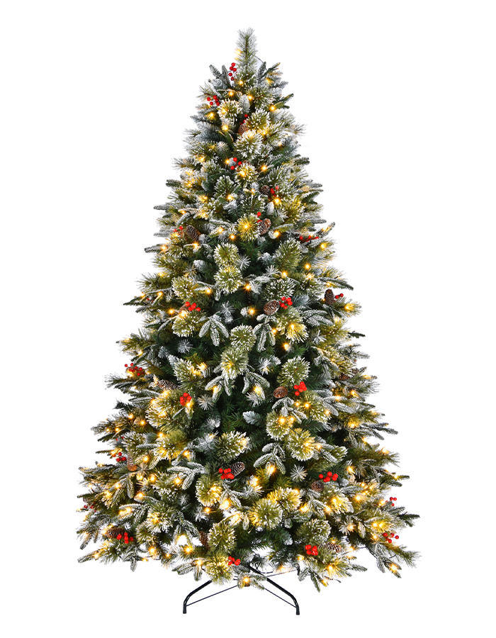 Union Tree 7.5ft Frosted Artificial Pre-lit PE & PVC Pine Needles Christmas Tree with Hinged Branches, Pinecones and Red Berries, Warm White LED Lights with Foldable Stand