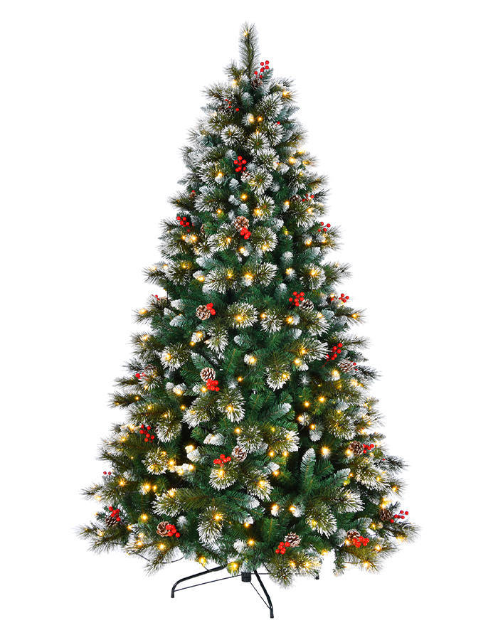 Union Tree Frosted Pre-lit PVC & Pine Needle Christmas Tree with Hinged Branches, Pinecones and Red Berries, Warm White LED Lights with Foldable Stand