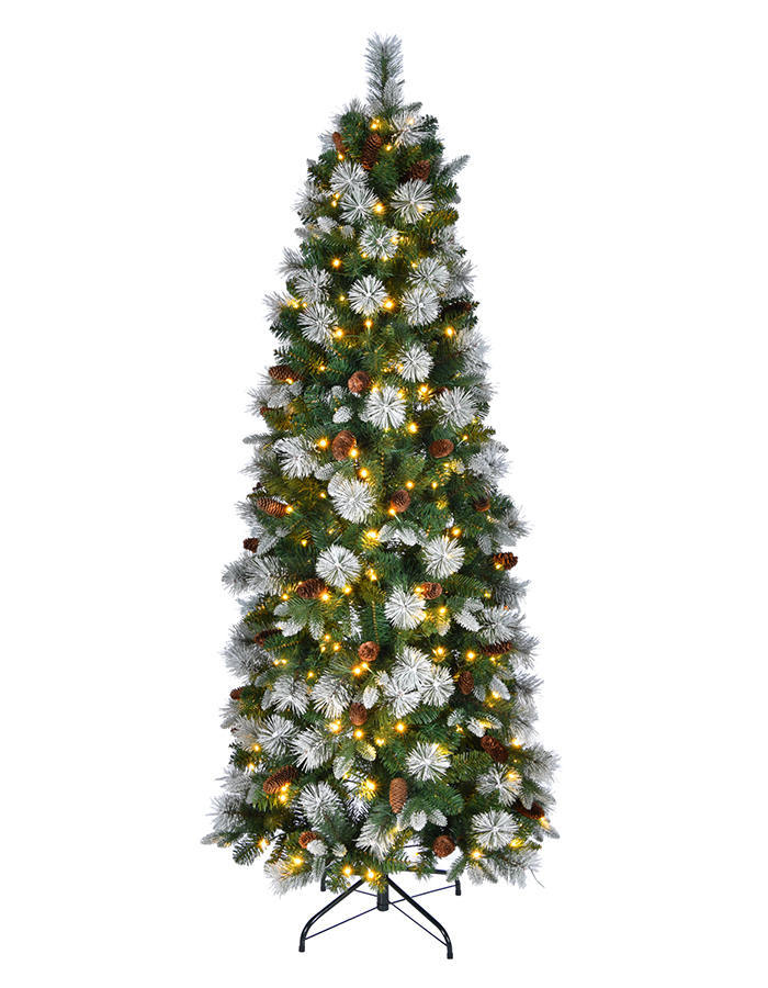 Union Tree Prelit Pencil Christmas Tree, Artificial Skinny Christmas Tree with Warm White LED Lights, Snow Flocked Pine Needle and Pine Cone Decoration Indoor Fake Xmas Tree Holiday Decor