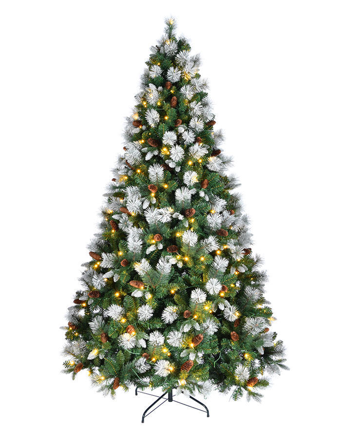 Union Tree 7.5ft Prelit Frosted Pre-lit PVC & Pine Needles & PE Christmas Tree with Hinged Branches, Pinecones Decoration, Warm White LED Lights with Foldable Stand