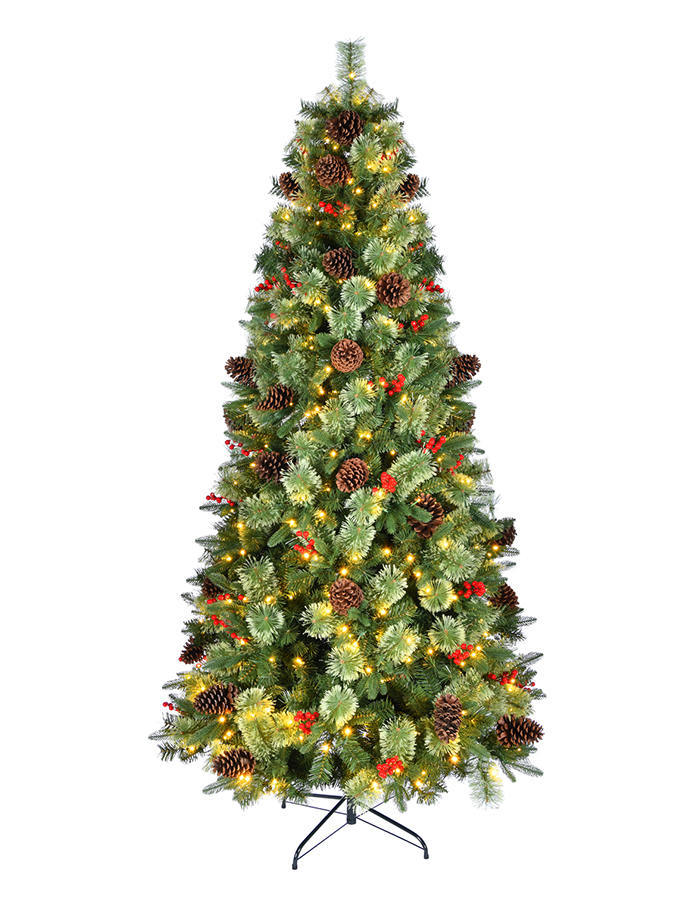 Union Tree 6ft Pre-lit Artificial Christmas Tree, Premium Material Tree with Pinecones and Red Berries, Warm White LED Lights with Foldable Stand, Ideal for Xmas Indoor Decor