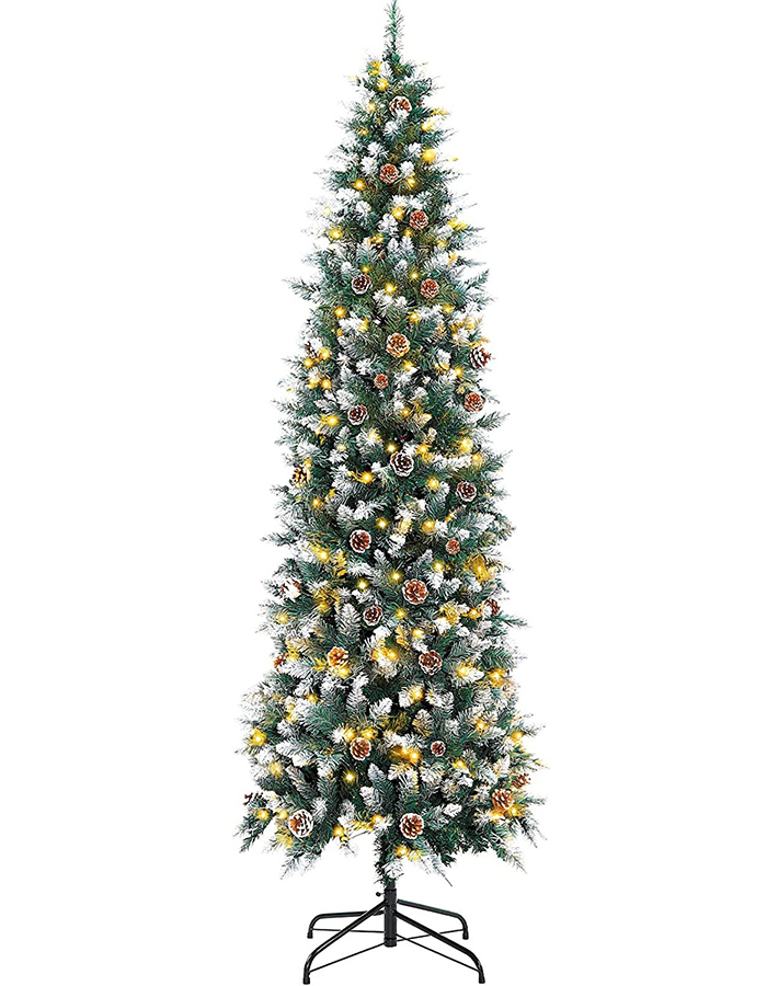 Union Tree Prelit Pencil Christmas Tree, Artificial Skinny Christmas Tree with Warm White LED Lights and Snow Flocked Pine Cone Decorations Indoor Fake Xmas Tree Holiday Decor