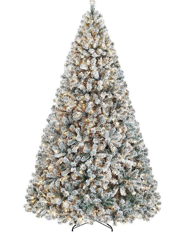 Union Tree Pre-lit Snow Flocked Artificial Christmas Tree with Incandescent Warm White LED Lights, Snow Flocked Full Prelighted Xmas Tree with Foldable Stand