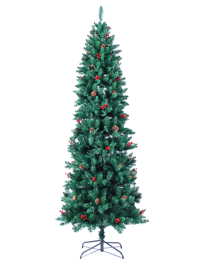 7.5ft pre-lit slim pointed pvc Christmas tree with red berries and pine cones Pointed Slimming Tree QL-12